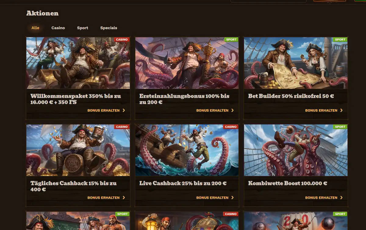 Bonusübersicht im FatPirate Casino mit aktuellen Aktionen