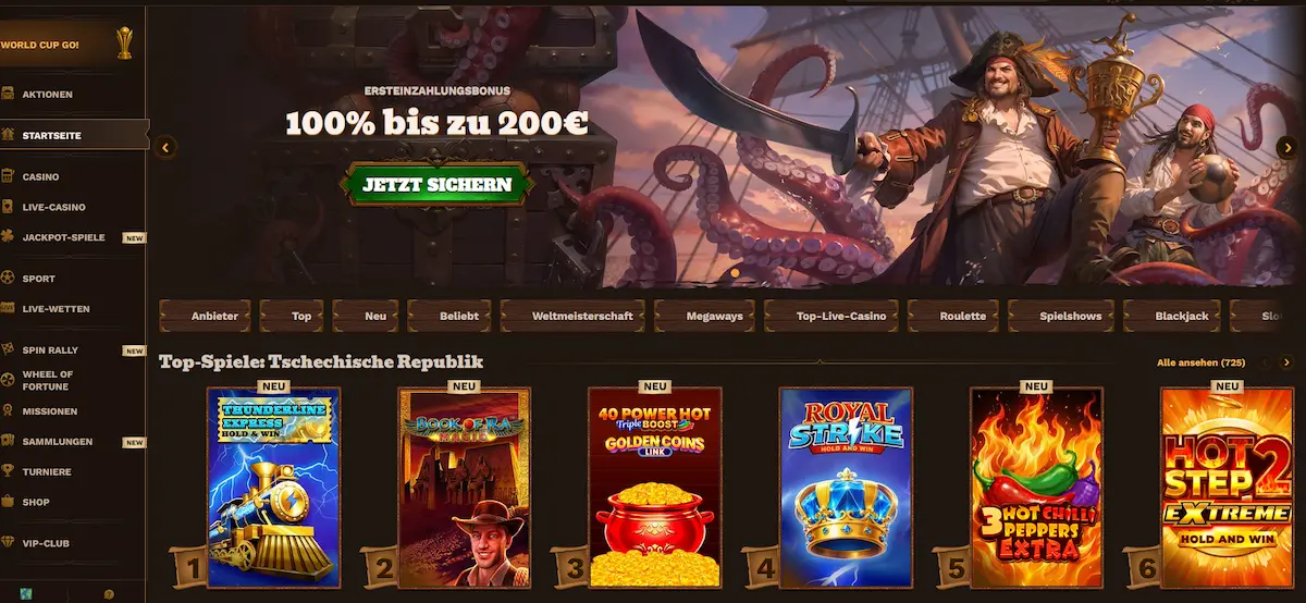 Übersicht der FatPirate Casino Lobby mit Spielkategorien
